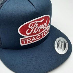 Retro Ford Tractor Flat Brim Baseball Cap Embroidered Patch Mesh Snapback Blue